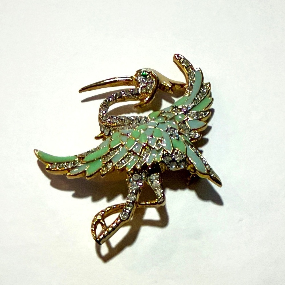Crane Bird Brooch Gold Tone Mint Green Enamel Rhinestone Vintage Style Pin